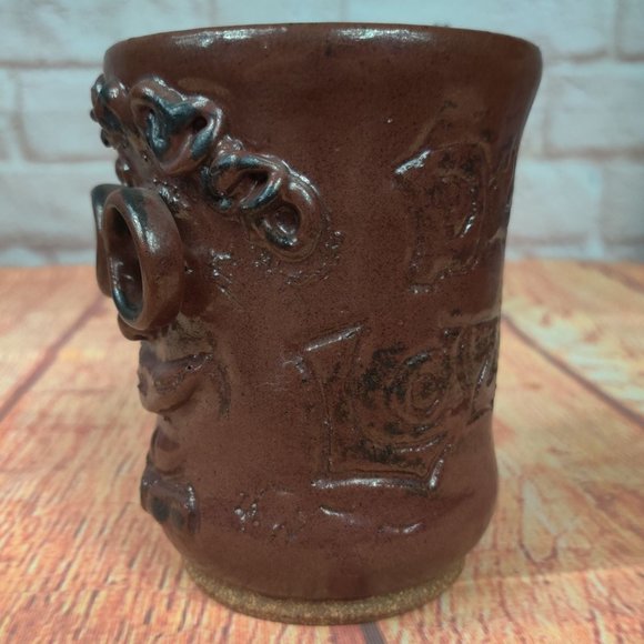 Face Mug Handmade Studio Art Brown Stoneware Pottery Eyeglasses Signed Rustic - Picture 4 of 8